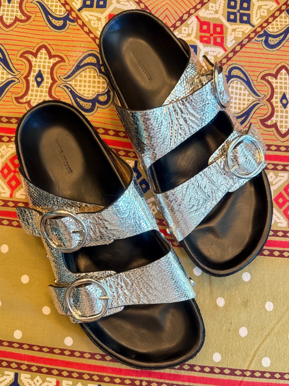 Isabel Marant Lennyo Metallic Snakeskin Silver Slide Sandals - Picture 3 of 10